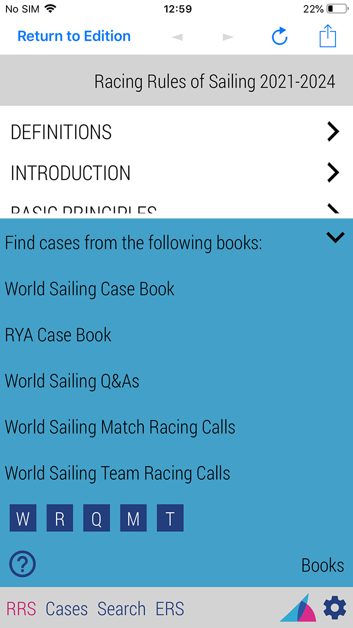 Screenshot showing the integrated eBook in the World Sailing 2021-2024 app